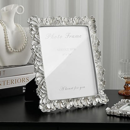 Cuspin 8x10 Picture Frame Silver, Vintage Silver Palm Leaves Textured Hand-Crafted Resin with Glass Front, Elegant Retro Design Photo Frame for Wall and Tabletop Display Home Decor