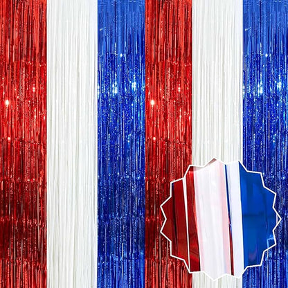 6 Pack White Blue Red Foil Fringe Curtains Backdrop, 3.28 x 8.2 Ft Metallic Streamers Tinsel Curtains Background for Photo Booth, Birthday, Weddings, Carnivals, Graduation, Themed Party Decorations