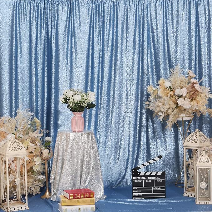 Eternal Beauty Baby Blue Sequin Backdrop, 8x8 Ft Glitter Background Curtains for Shimmer Photography Party Wedding Birthday Back Drop Decor