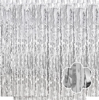 5 Pack Silver Foil Curtain Backdrop 3.2ft x 9.8ft Metallic Tinsel Foil Fringe Curtains Streamer Photo Booth Backdrop for Birthday Party Engagement Bachelorette Party Decorations (Silver)
