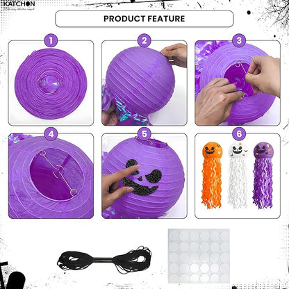 KatchOn, Halloween Paper Lanterns & Honeycomb Set – Pack 6 | Hanging Halloween Decorations Indoor, Outdoor | Paper Jack o Lantern Decor | Spooky Halloween Decorations