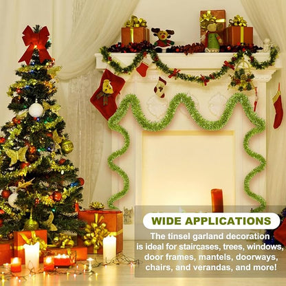25 Feet Light Green Christmas Tinsel Garland, Metallic Foil Twist Banner Wall Hanging Tinsel Streamers Backdrop for Parade Floats, Christmas, Mother's Day, Birthday Party Decorations(4in x 25ft)