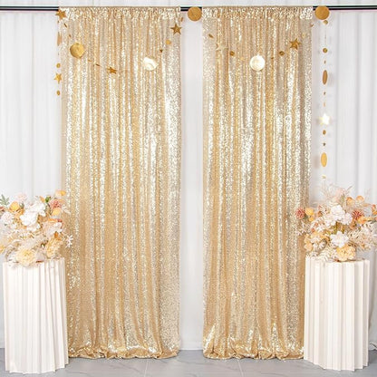 ShinyBeauty Sequin Backdrops 4 Panels Light Gold Sequin Curtains Photo Backdrop Shimmer Background for Baby Shower Champagne Golden Curtain Wedding Birthday Party Decor(2Ftx8Ft)