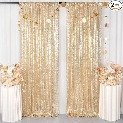 ShinyBeauty Sequin Gold Backdrop Curtains 2PCS Light Gold Glitter Background Sparkle Photography Backdrop Outdoor Backdrop (4FTx8FT,Light Gold)