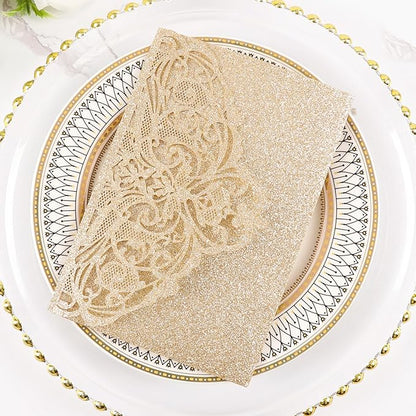 25pcs Gold Glitter Laser Cut Invitations Tri-Fold Blank Personalized Wedding Invitations Pocket With Envelopes and Rsvp Cards for Wedding Bridal Shower Quinceanera 15 Anos Invite
