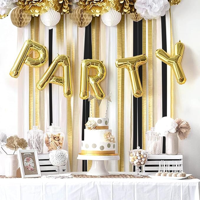 PartyWoo Black Gold Silver Crepe Paper Streamers 4 Rolls 328 ft Pack of Black Metallic Silver Gold Crepe Paper for Graduation New Year Birthday Party Decorations (1.8 Inch x 82 Ft/Roll)