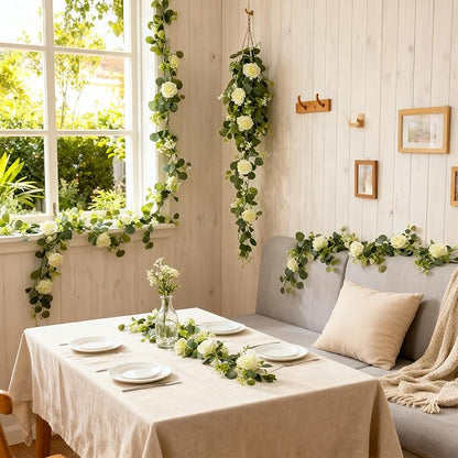 2 Pack 5.9 FT Artificial Flower Garland with Lights, Fake Floral Garland with 12 White Roses, White Flower Decorations for Arch Table Centerpieces Backdrop Party Home Wedding Decorations