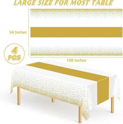 4Pack Disposable Plastic Table Cloths for Parties, 54" x 108" White and Gold Rectangle Table Covers, Waterproof Tablecloth for Rectangle Tables Suitable for New Years Eve Thanksgiving Wedding Supplies