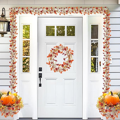 2 Pack Artificial Fall Flowers Garland, 6 FT Fall Decorations UV Resistant Fake Mums Floral Vines Faux Hanging Flower Ivy Garland for Home Party Table Wall Mantel Decor (Orange + Dark Red)