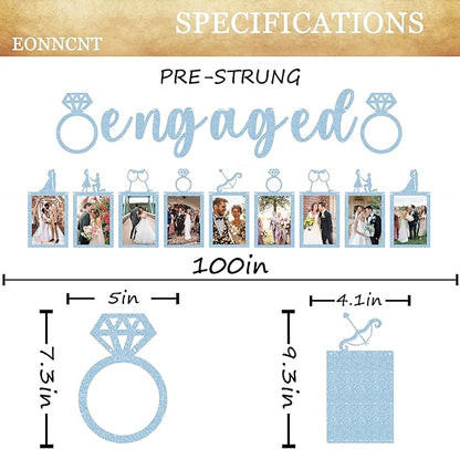 Pre-Strung Engaged Photo Banner - Light Blue Glitter Engagement Party Decoration Supplies with Romantic Memories Picture Card Frames for Bachelorette, Bridal Shower, Wedding Party Photo Booth Props