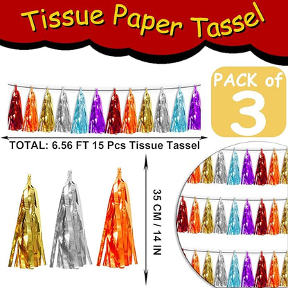 3P Lake Blue Orange-Red-Gold-Silver-Purple Metallic Fringe Tassel Banner Garland Foil Tinsel Streamer Wall Hanging Curtain Backdrop Banner for Parade Floats,Graduation Wedding Party Decorations