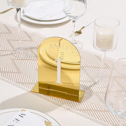 UNIQOOO Gold Mirror Arch Wedding Table Numbers with Stands 1-15, 5x7 Acrylic Display Signs and Holders, Pack of 15, Perfect for Centerpiece, Reception, Decoration, Party, Anniversary, Event