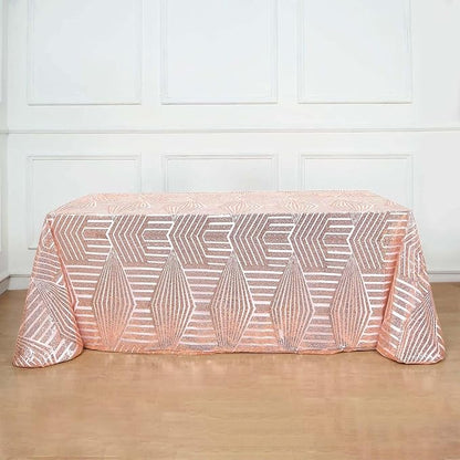 Efavormart 90"X132" Blush Rose Gold Sparkly Sequin Geometric Tulle Rectangular Tablecloth