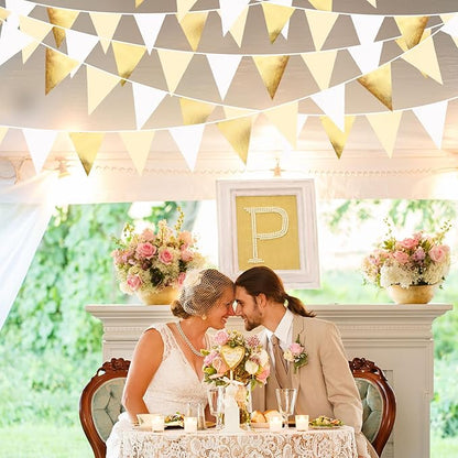 White and Gold Party Decorations Gold Beige White Fabric Triangle Pennant Banner Flag Bunting Garland for Graduation Wedding Birthday Bridal Shower Anniversary Engagement Baptism Party Supplies