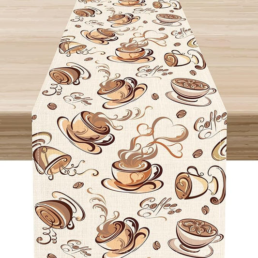 Coffee Time Table Runner, Farmhouse Retro Coffee Cup Tea Party Cafe Table Center Decor for Home Kitchen Dining Patio Holiday Party Indoor Outdoor Table Decorations,13"x36" Inch