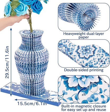 Blue and White Paper Honeycomb Vase, 11.6 Inch Foldable Decorative Vase with Magnetic Closure, Chinoiserie Décor Vase, Reusable Table Centerpiece for Home Decor, Party Decorations