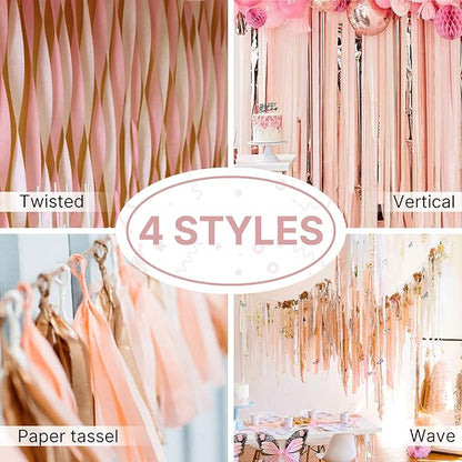 PartyWoo Rose Gold Crepe Paper Streamers 4 Rolls 328 ft Pack of Metallic Rose Gold Pink Dusty Pink Crepe Paper for Bride to Be Bachelorette Birthday Party Decorations (1.8 Inch x 82 Ft/Roll)