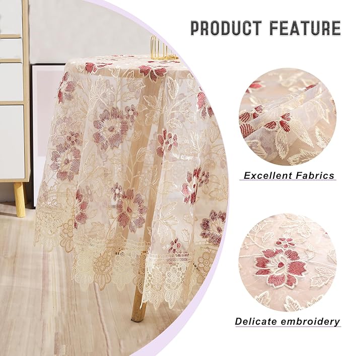 Round Embroidered Lace Tablecloth Vintage Decorative Exquisite Border Table Cover for Party Wedding Home Decorations, Round-35, Red