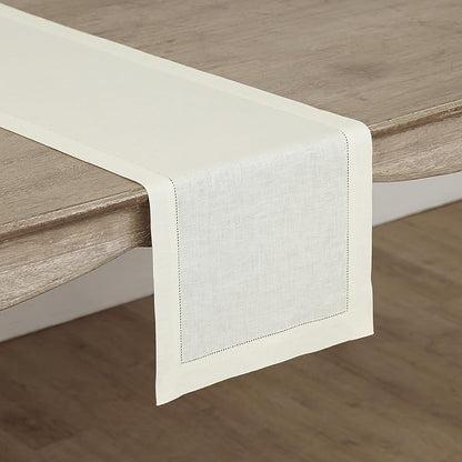 Solino Home Linen Ivory Table Runner 132 Inches Long - 100% Pure Linen Extra Long Table Runner 14 x 132 Inch for Fall, Autumn, Thanksgiving, Christmas - Classic Hemstitch