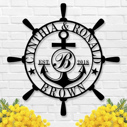 Customized Family Name Sign, Nautical Wall Decor, Anchor Compass Metal Sign, Initial Split Letter Monogram Sign, Last Name signs, Personalized Housewarming Gift