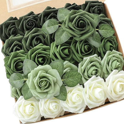 Floroom Artificial Flowers 25pcs Real Looking Forest Green Ombre Colors Foam Fake Roses with Stems for DIY Wedding Bouquets Bridal Shower Centerpieces Sage Green Floral Arrangements Decorations