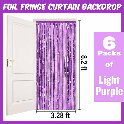 6 Pack Light Purple Foil Fringe Curtains Backdrop, 3.28 x 8.2 Ft Metallic Streamers Tinsel Curtains Background for Photo Booth, Birthday, Weddings, Carnivals, Graduation, Themed Party Decorations