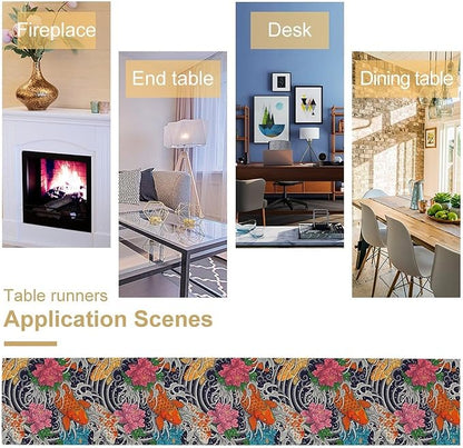 Japanese Retro Flowers Table Runner Oriental Tradition Kio Fish Art Printed Burlap Runner Home Kitchen Dining Table Living Room Decor Fabric 1 Panel W13xL60in