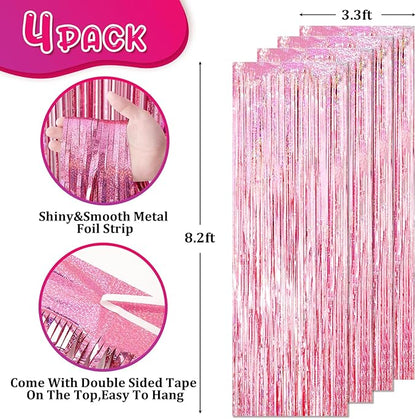 4 Pack 3.3x8.2 Feet Laser Pink Foil Fringe Backdrop Curtains, Tinsel Streamers Birthday Party Decorations, Fringe Backdrop for Graduation, Baby Shower, Gender Reveal, Disco Party