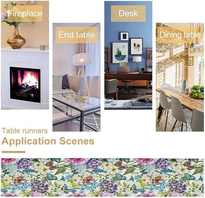 Brown Bird Floral Table Runner Spring Flower Kitchen Table Decoration Suitable for Family Dinner Decoration 13x108 Inch
