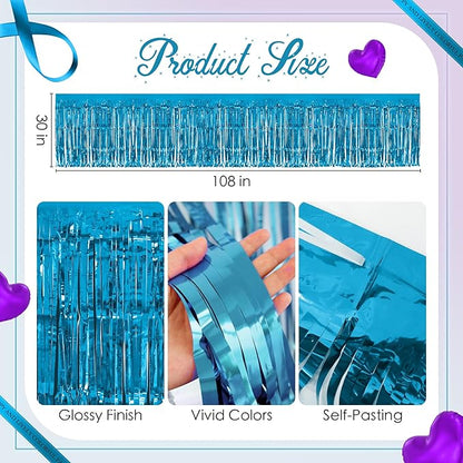 2 Pack Lake Blue Dark Purple Table Skirts, 29x108" Metallic Foil Tinsel Fringe Table Skirt for Rectangle Tables Streamer Curtains Backdrop, Party Decorations for Birthdays, Weddings, Holidays