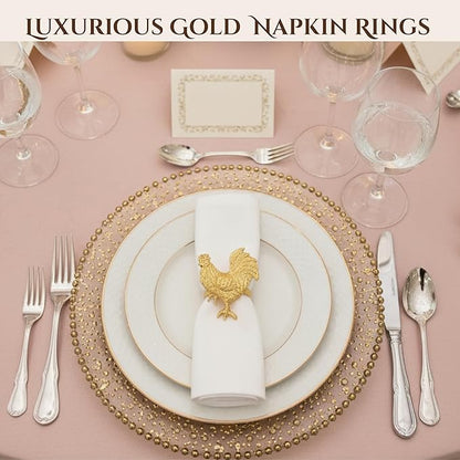 Set of 12 Rooster Napkin Rings for Farmhouse Table Decor | Premium Metal Chicken Dinnerware Holders | Rustic Kitchen & Holiday Party Table Setting (Gold) - ALPHA Living HOME