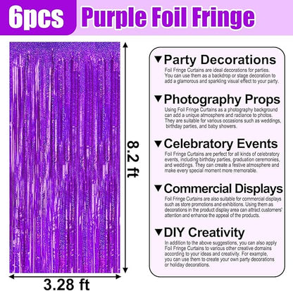 6 Pack Purple Foil Fringe Curtain Backdrop, 3.28Ft x 8.2Ft Metallic Tinsel Foil Fringe Streamer Curtains for Photo Booth, Birthday, Wedding, New Year Party Decorations