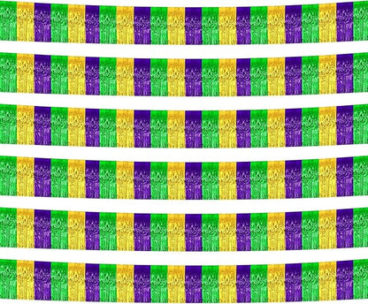 6 Pack 10 Feet Mardi Gras Foil Fringe Garland Metallic Tinsel Streamers Banner Wall Hanging Backdrop Banner for Parade Floats, Valentine's Day, Wedding, Birthday Party Decorations Gold Green Purple