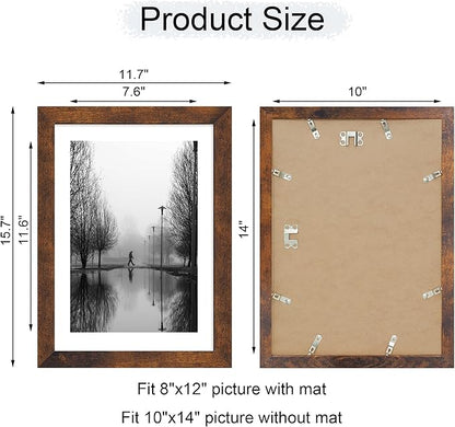 10x14 Picture Frame Set of 4 with Tempered Glass, Rustic Frame Display 8x12 Pictures with Mat or 10 x 14 Without Mat, Wooden Photo Frames for Wall Mounting
