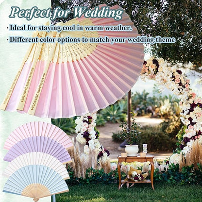 200 Pcs Personalized Pink Wedding Folding Fans for Guests, Custom Engraved Summer Wedding Fans, Folded Hand Fans for Wedding Favors, Vintage Silk Handheld Fans for Bridal Shower Decorations