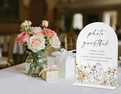 Wedding Signs for Ceremony and Reception, Boho Floral Acrylic Photo Guestbook Sign, Wedding Signage with Stand, Bridal Shower Table Centerpieces, Supplies for Engagement Reception Event Party, 28