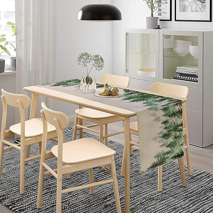 Foggy Forest Table Runner,Green Forest Natural Landscape Table Runner for Kitchen Dining Table Home Party Decoration 13x90 Inch