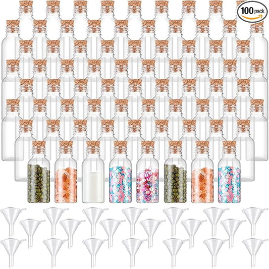 Sabary 100 Pack 1oz Plastic Potion Bottles with Cork Stoppers Mini Sand Art Bottles Tiny Cork Vial Small Jar with Funnel for Art DIY Craft, Essential Oil, Message, Wedding Party Favor