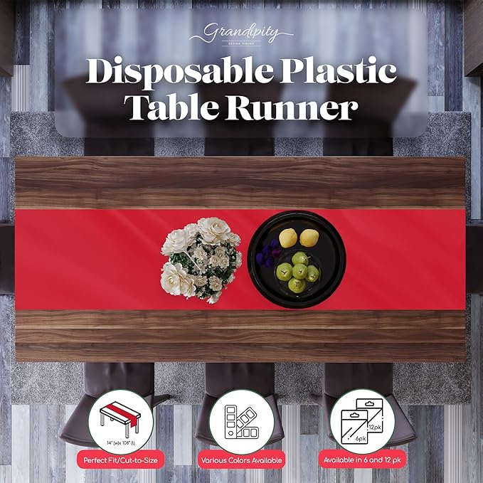 Red 6 Pack Premium Disposable Plastic Table Runner 14 x 108 Inch. Table Runner for Dinner Parties & Events by Grandipity