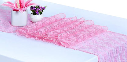 MDS Pack of 25 Wedding 12 x 108 inches Lace Table Runner for Wedding, Decorations for Birthday Parties, Banquets, Graduations, Engagements, and Runners fit Rectangle, Round Table- Pink