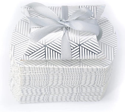 Aokbean 100 Pack Mini Pillow Candy Box Small Gift Boxes with 50 Yards Ribbon for Christmas Wedding Party Favor Gift, Jewelry or Soap Packaging (Silver Stripes)