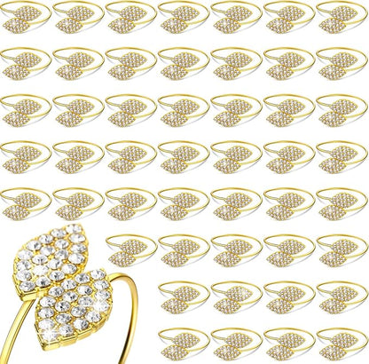 Hotop 300 Pcs Napkin Rings Gold Table Decorations, Elegant Bling Leaves Napkin Rings, Rhinestone Guest Towels Buckle for Wedding Gold Party, Thanksgiving Christmas Dinner Banquet Table Decoration