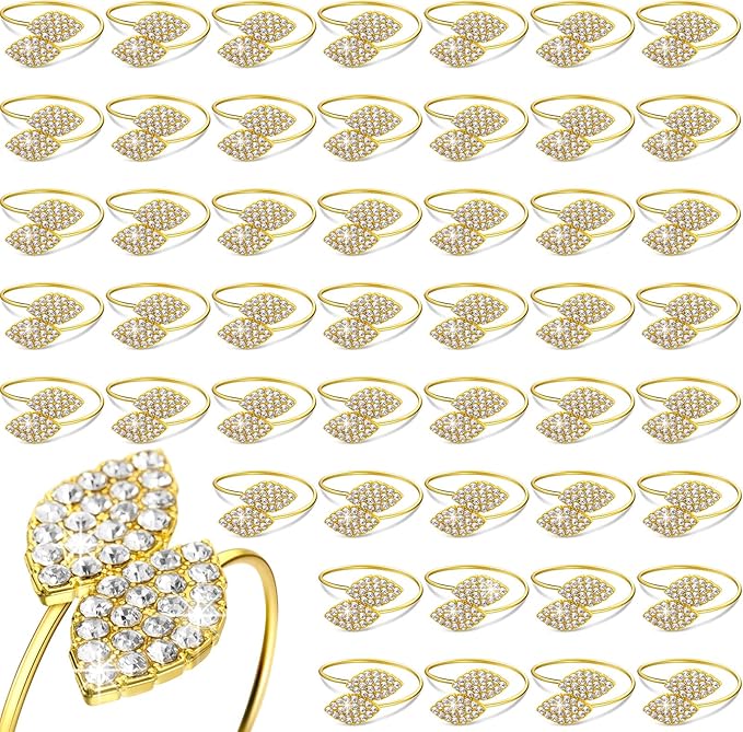 Hotop 12 Piece Napkin Rings Gold Table Decorations, Elegant Bling Leaves Napkin Rings, Rhinestone Guest Towels Buckle for Wedding Gold Party, Thanksgiving Christmas Dinner Banquet Table Decoration