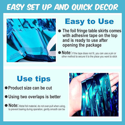 3 Pack 29 x108 Inch Lake Blue Foil Fringe Table Skirts Metallic Banner for Tinsel Streamer Garland Backdrop for Parade Floats Mother's Day, Graduate, Birthday, Wedding Party Decoration