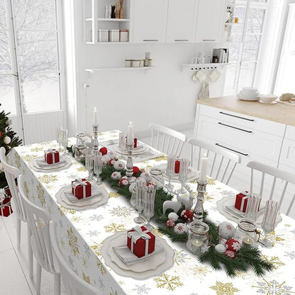 Jectivs 3Pcs Christmas Snowflake Party Tablecloths Decorations,Plastic White and Gold Table Cloth,Winter Rectangle Cover for New Year Birthday Baby Shower Holiday Decorations,54x108 inch