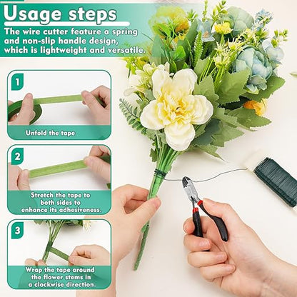 Floral Tape and Wire, Green Floral Tape, Arrangement Tools Kit with Wire Cutter, 22 Guage Paddle Wire 26 Gauge Flower Wire Set, Boutonniere Pin for Bouquets, Crafts, Wrap Florist