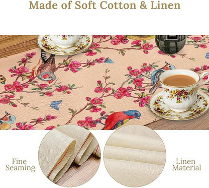 Floral Butterfly Table Runner Seasonal Spring Flower Bird Table Decoration Table Runner for Home Party Decoration 13x70 Inch