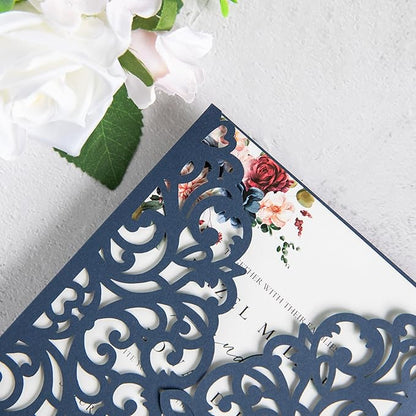 20Pcs Navy Blue Laser Cut Invitation Cards With Blank Inner Sheets for Wedding Cards Bridal Shower Engagement Quinceanera Invitation (No Envelopes)