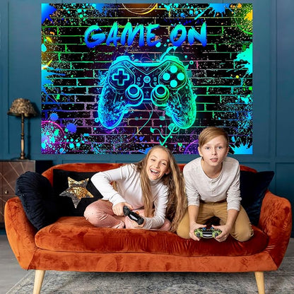 Mocsicka Game On Backdrop Video Game for Boys Level Up Birthday Party Decoration Game Night Arcade Neon Glow Gamer Banner Photography Background (Blue, 8x6ft(96"x72"))