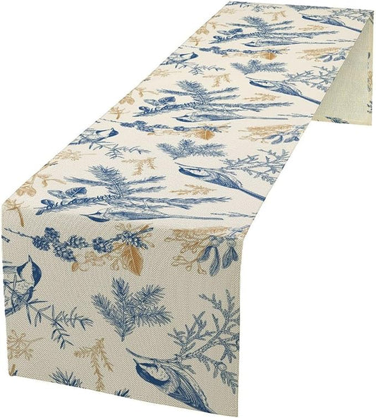Floral Table Runner,Sketch Birds and Flowers Summer Table Runner Kitchen Dining Table Decoration for Home Party Decor 13x72 Inch